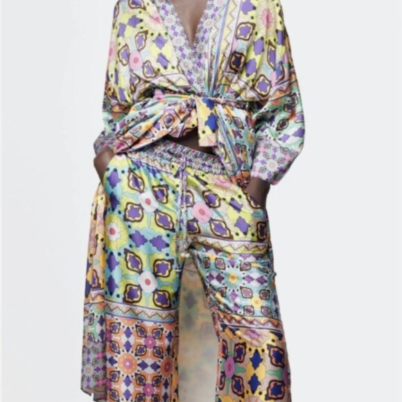 Zara Co-Ord Set multicoloured printed kimono with belt and matching trousers XL - Picture 15 of 15